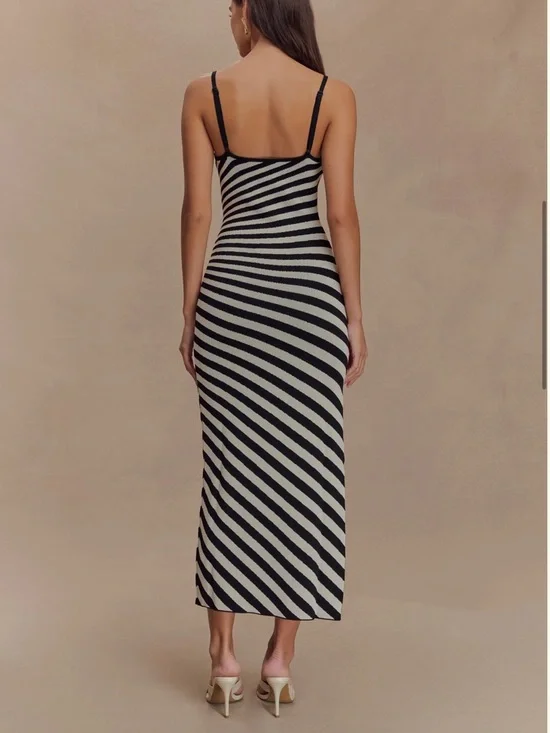 Meshki Black & Cream Diagonal Stripe Spaghetti Strap Maxi Dress - Picture 2 of 3